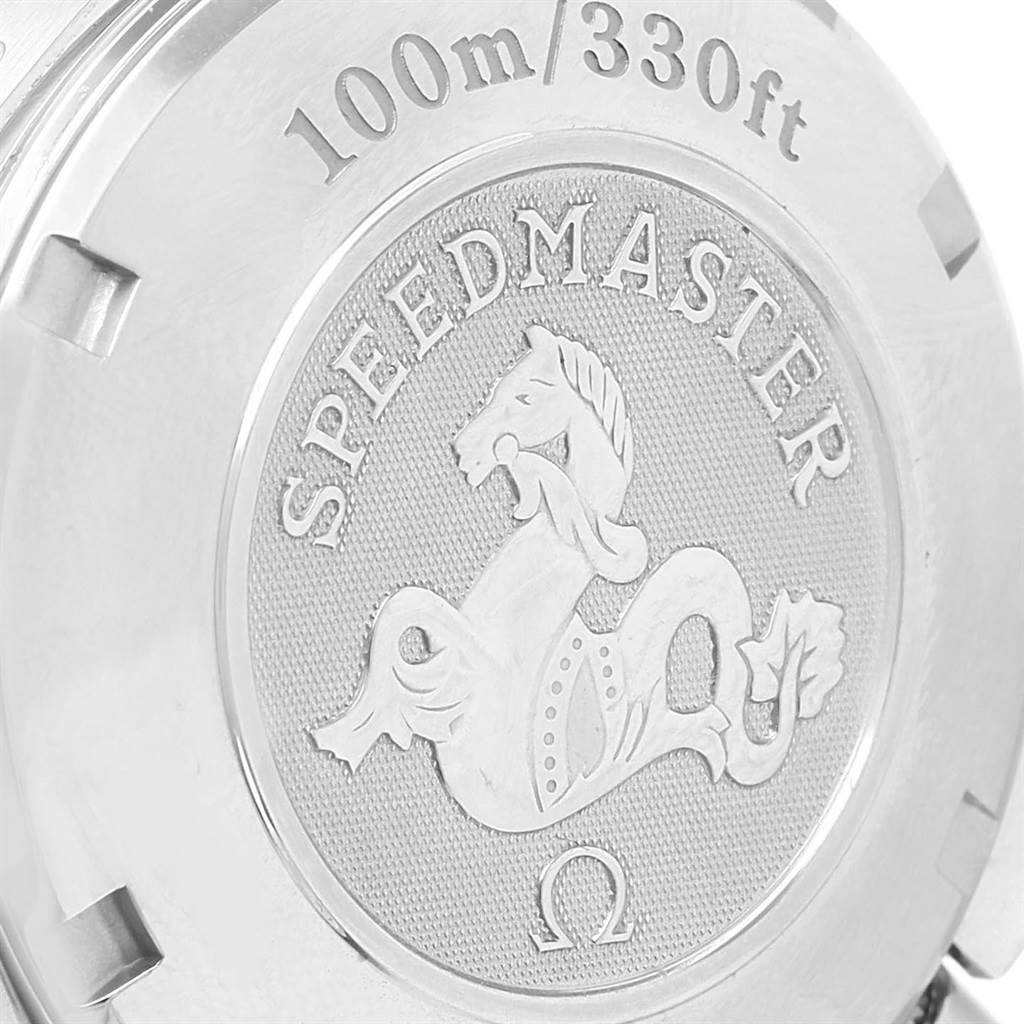 This image shows the case back of an Omega Speedmaster 323.32.40.40.04.001 Men
s Stainless Steel White Dial 323.32.40.40.04.001 Men
s Stainless Steel White Dial watch, featuring the seahorse logo and water resistance marking.
