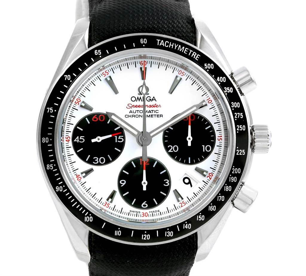 This image shows a front view of the Omega Speedmaster 323.32.40.40.04.001 Men
s Stainless Steel White Dial 323.32.40.40.04.001 Men
s Stainless Steel White Dial watch, displaying the dial, chronograph subdials, and tachymeter bezel.