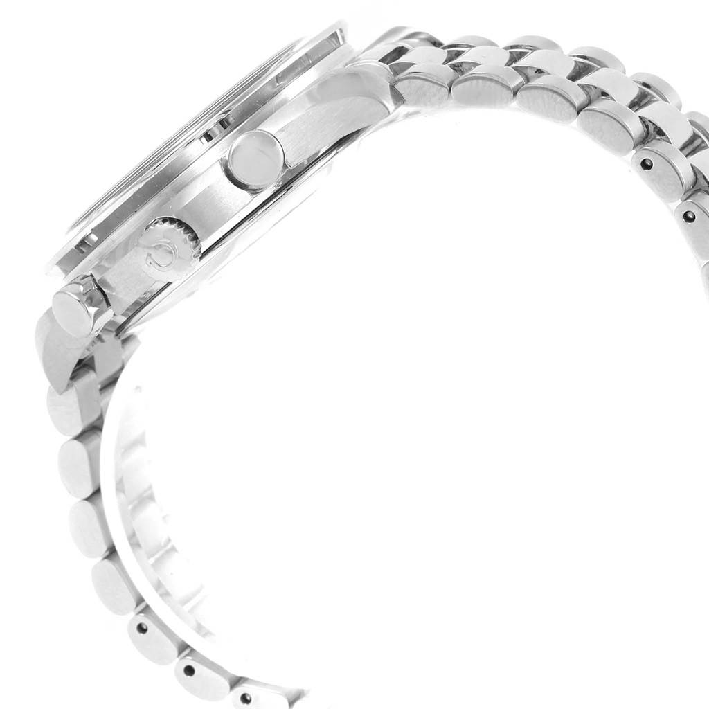 This image shows a side view of the Omega Speedmaster 3539.50.00 Men
s Stainless Steel Black Dial 3539.50.00 Men
s Stainless Steel Black Dial watch, focused on the case, crown, and part of the bracelet.