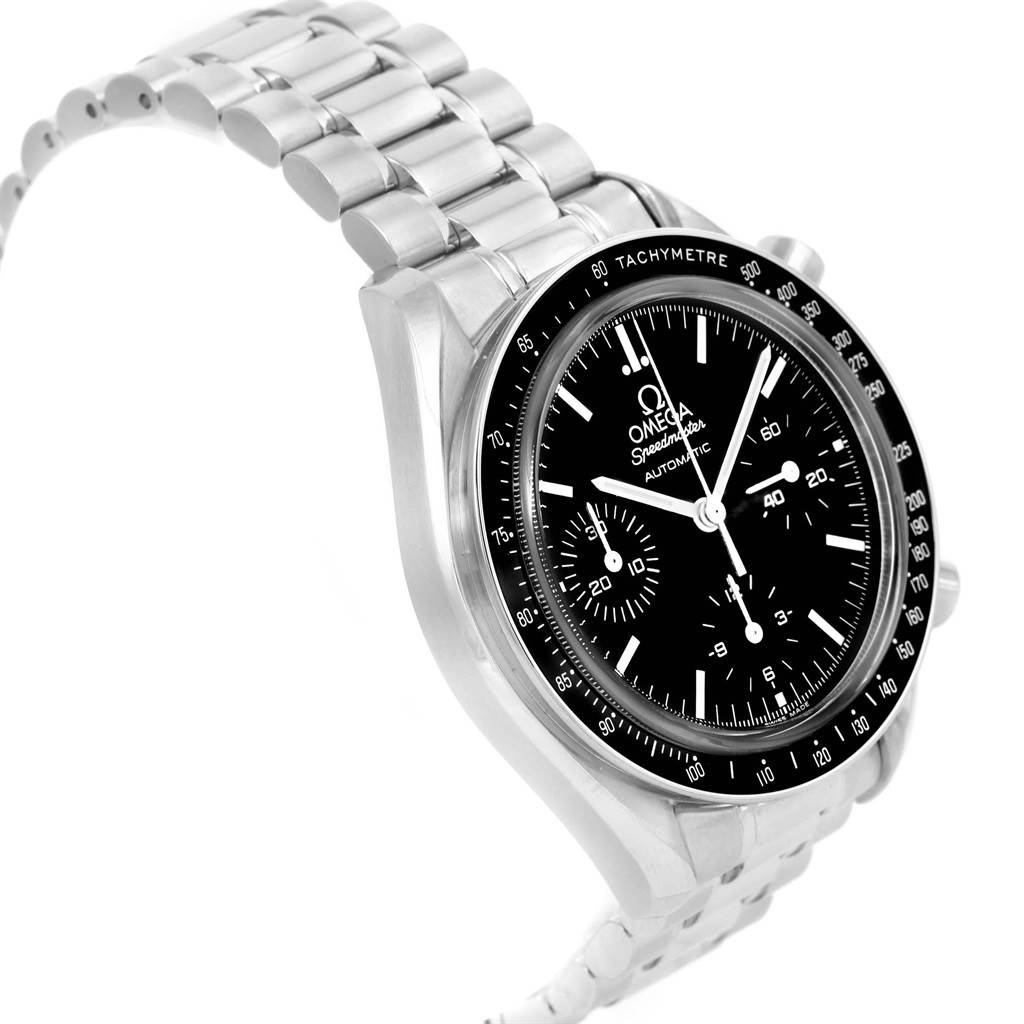 The image shows a side angle view of the Omega Speedmaster 3539.50.00 Men
s Stainless Steel Black Dial 3539.50.00 Men
s Stainless Steel Black Dial watch displaying its dial, bezel, and metal bracelet.