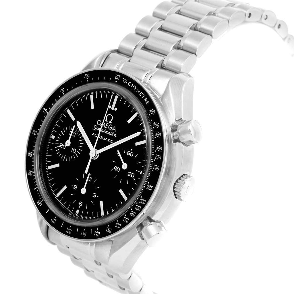 This image shows the Omega Speedmaster 3539.50.00 Men
s Stainless Steel Black Dial 3539.50.00 Men
s Stainless Steel Black Dial watch from an angled front view, highlighting the face, bezel, and metal bracelet.