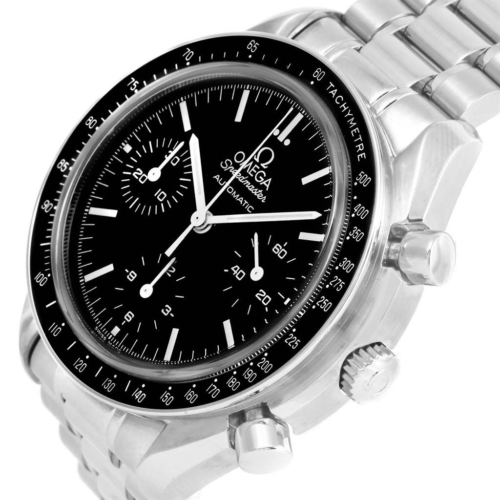 The Omega Speedmaster 3539.50.00 Men
s Stainless Steel Black Dial 3539.50.00 Men
s Stainless Steel Black Dial watch is shown from an angle highlighting its face, bezel, pushers, and bracelet.