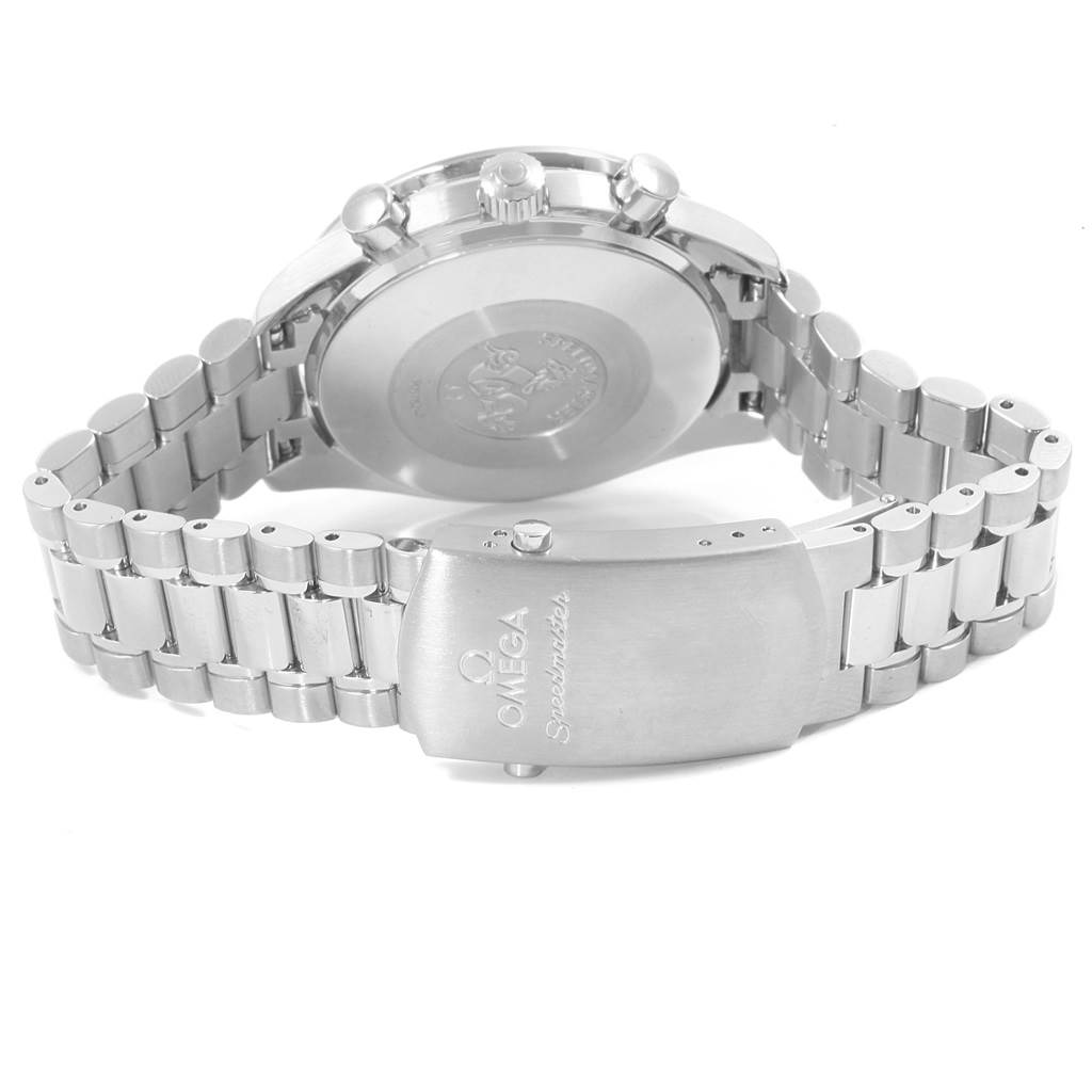 This image shows the back case, crown, pushers, and clasp of an Omega Speedmaster 3539.50.00 Men
s Stainless Steel Black Dial 3539.50.00 Men
s Stainless Steel Black Dial watch from a rear angle.