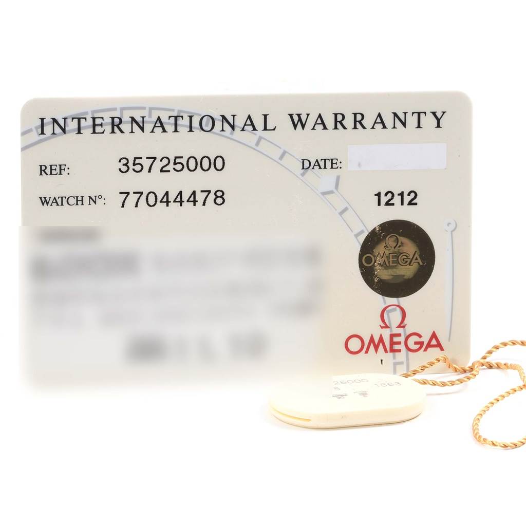 The image shows the international warranty card and tag for an Omega Speedmaster 3572.50.00 Men
s Stainless Steel Black Dial 3572.50.00 Men
s Stainless Steel Black Dial watch, with the card displaying reference and watch numbers.