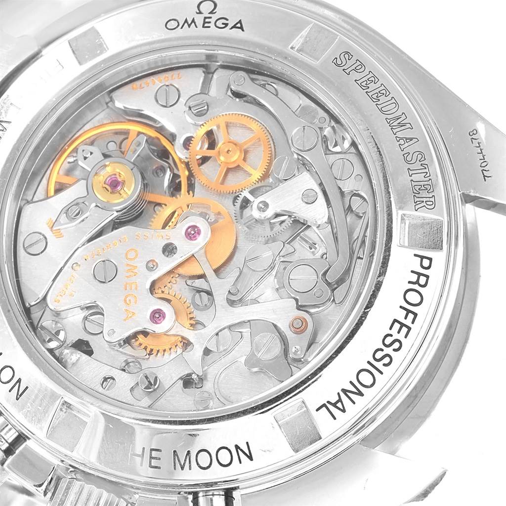 This image shows the intricate back case and internal mechanisms of an Omega Speedmaster 3572.50.00 Men
s Stainless Steel Black Dial 3572.50.00 Men
s Stainless Steel Black Dial Professional watch.