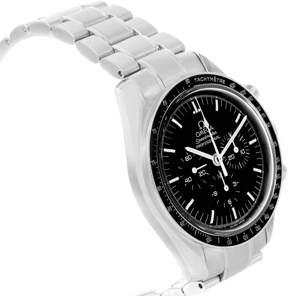 The Omega Speedmaster 3572.50.00 Men
s Stainless Steel Black Dial 3572.50.00 Men
s Stainless Steel Black Dial watch is shown from a front-right angle, highlighting its bracelet, dial, and tachymeter bezel.