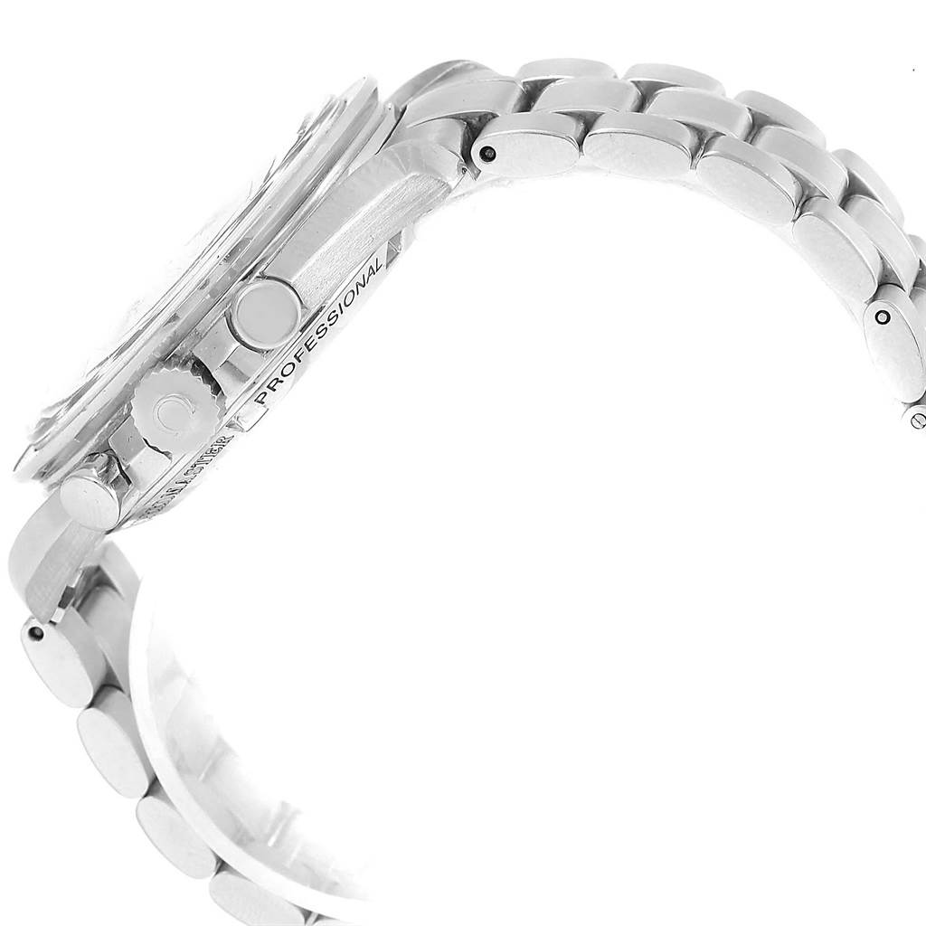 The image shows a side view of the Omega Speedmaster 3572.50.00 Men
s Stainless Steel Black Dial 3572.50.00 Men
s Stainless Steel Black Dial watch, focusing on the bracelet, crown, and pushers.