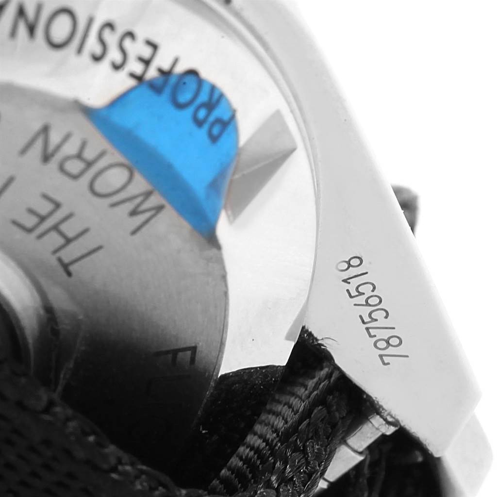 This image shows a close-up angle of the back case, serial number, and part of the strap of an Omega Speedmaster 311.30.42.30.01.005 Men
s Stainless Steel Black Dial 311.30.42.30.01.005 Men
s Stainless Steel Black Dial watch.