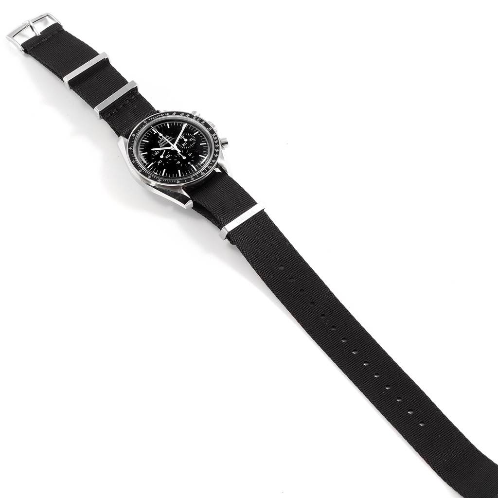 This image shows an Omega Speedmaster 311.30.42.30.01.005 Men
s Stainless Steel Black Dial 311.30.42.30.01.005 Men
s Stainless Steel Black Dial watch at a top-down angle, featuring a black NATO strap and the full watch face.