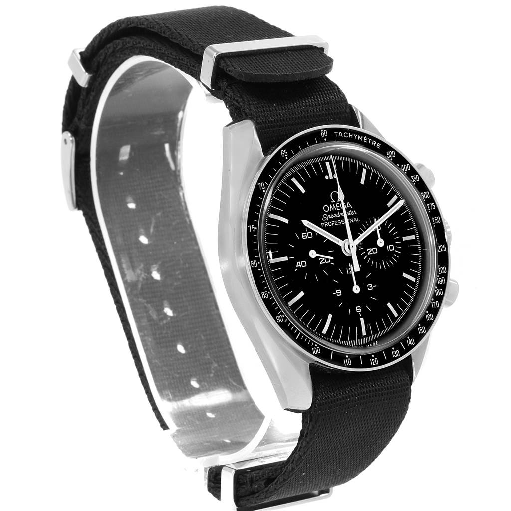 The image shows an Omega Speedmaster 311.30.42.30.01.005 Men
s Stainless Steel Black Dial 311.30.42.30.01.005 Men
s Stainless Steel Black Dial watch from a three-quarter angle, highlighting the dial, bezel, and black fabric strap.