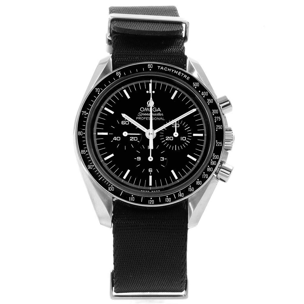 The image shows a front view of an Omega Speedmaster 311.30.42.30.01.005 Men
s Stainless Steel Black Dial 311.30.42.30.01.005 Men
s Stainless Steel Black Dial watch, displaying its black dial, tachymeter bezel, and chronograph sub-dials.
