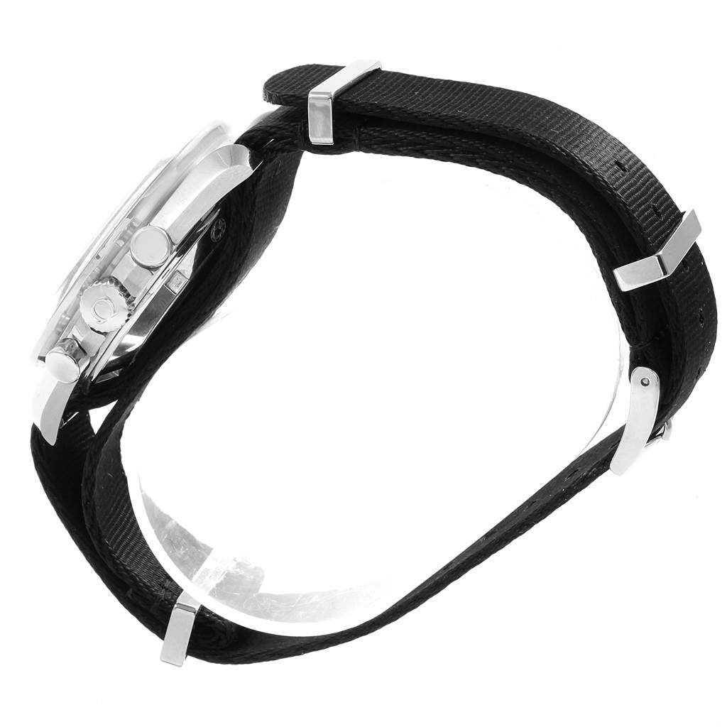 The image shows a side view of the Omega Speedmaster 311.30.42.30.01.005 Men
s Stainless Steel Black Dial 311.30.42.30.01.005 Men
s Stainless Steel Black Dial, highlighting the crown, pushers, and part of the strap.