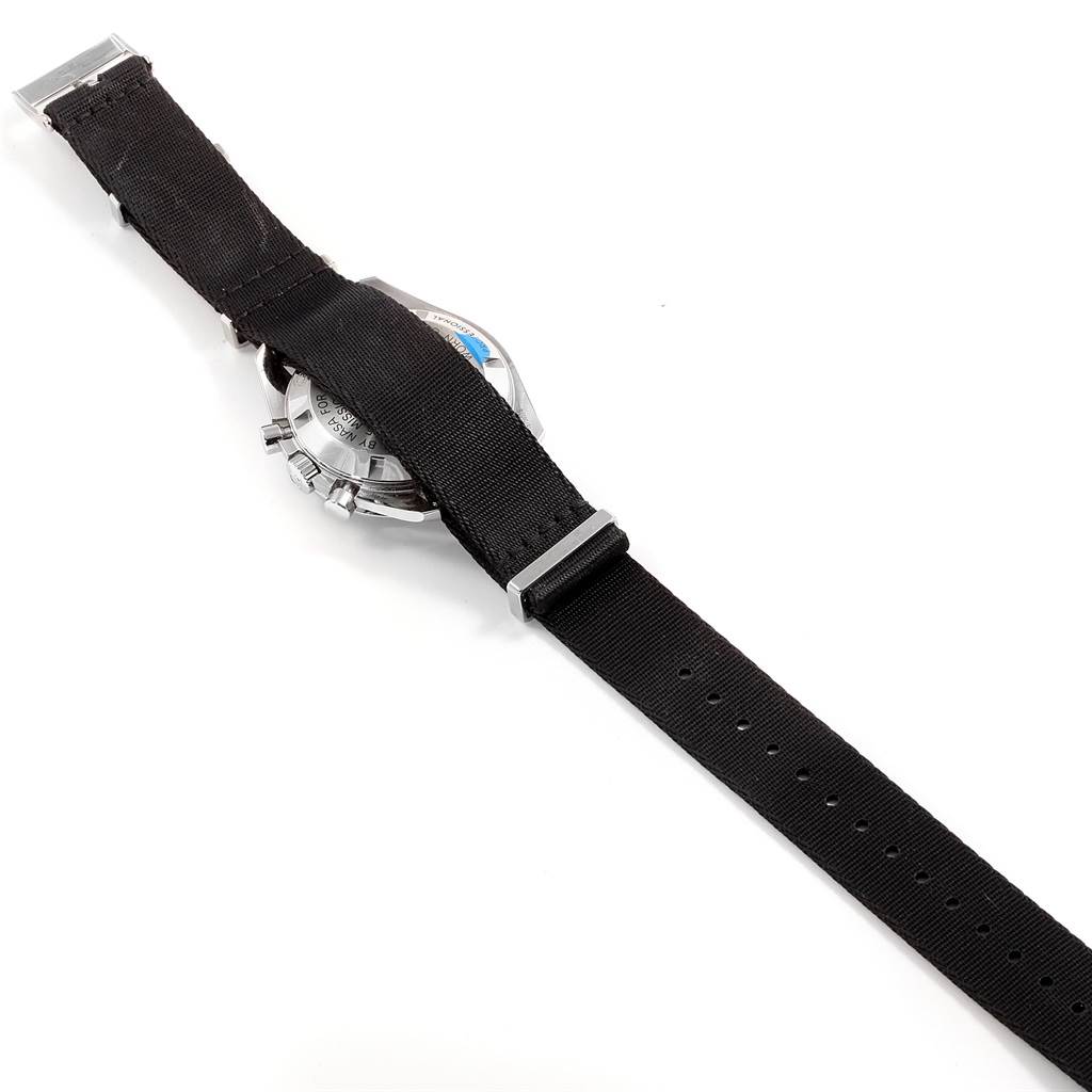 The image shows the rear view of an Omega Speedmaster 311.30.42.30.01.005 Men
s Stainless Steel Black Dial 311.30.42.30.01.005 Men
s Stainless Steel Black Dial watch, highlighting its case back and black strap.