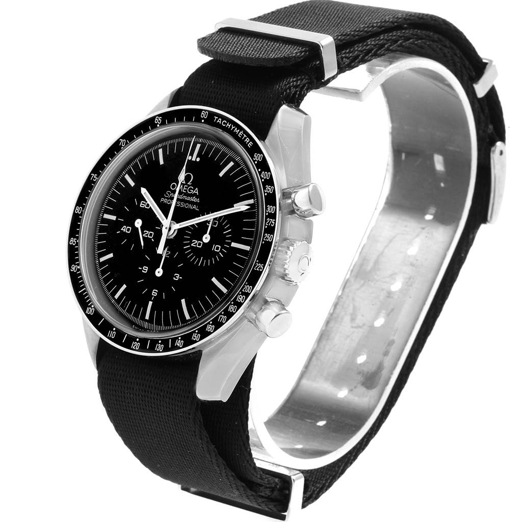 The image shows an Omega Speedmaster 311.30.42.30.01.005 Men
s Stainless Steel Black Dial 311.30.42.30.01.005 Men
s Stainless Steel Black Dial watch at a three-quarter angle, highlighting the face, bezel, and black strap.