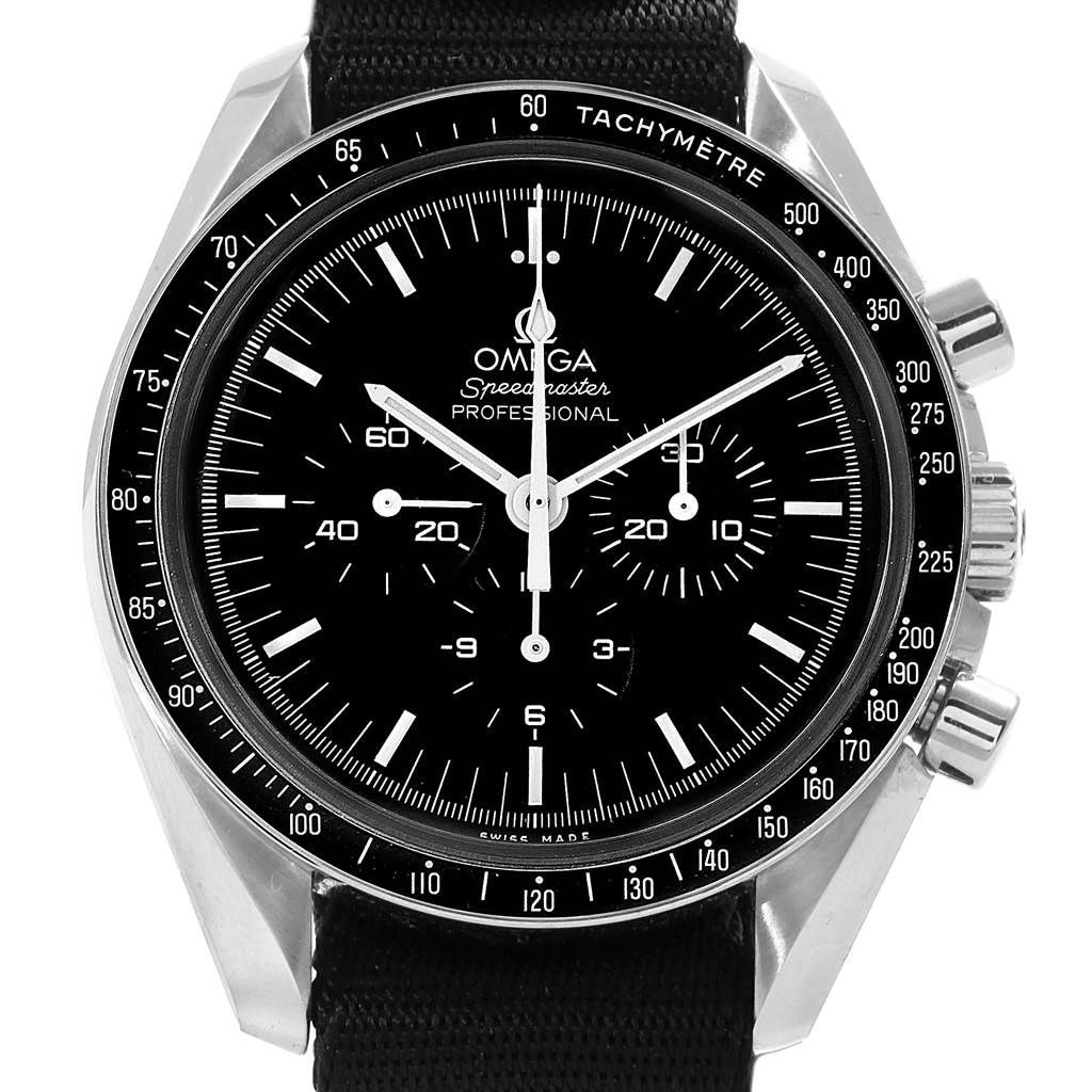 This image shows the dial, bezel, and crown of an Omega Speedmaster 311.30.42.30.01.005 Men
s Stainless Steel Black Dial 311.30.42.30.01.005 Men
s Stainless Steel Black Dial watch from a frontal angle.