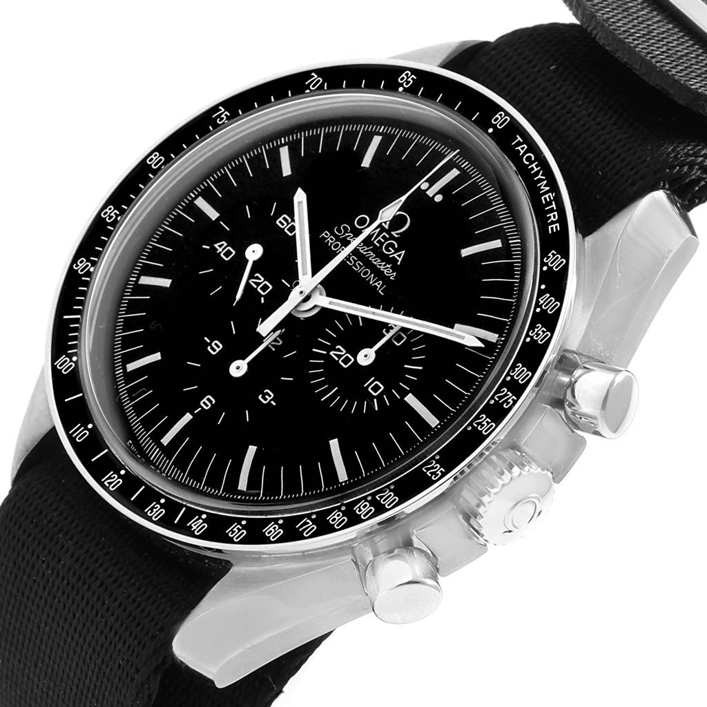 This image shows a close-up, angled view of the Omega Speedmaster 311.30.42.30.01.005 Men
s Stainless Steel Black Dial 311.30.42.30.01.005 Men
s Stainless Steel Black Dial watch, highlighting the face, crown, and part of the band.