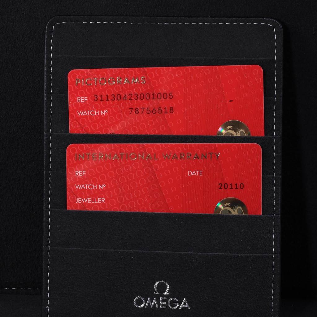 The image shows the pictogram and international warranty cards in a black Omega Speedmaster 311.30.42.30.01.005 Men
s Stainless Steel Black Dial 311.30.42.30.01.005 Men
s Stainless Steel Black Dial cardholder.