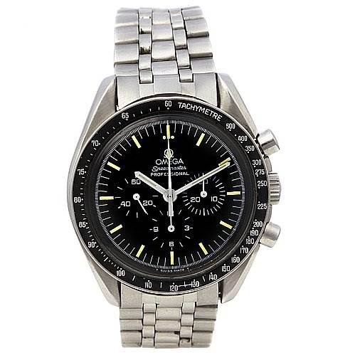 The Omega Speedmaster Men
s Stainless Steel Black Dial Men
s Stainless Steel Black Dial watch is shown from a front angle, displaying the dial, bezel, and bracelet.