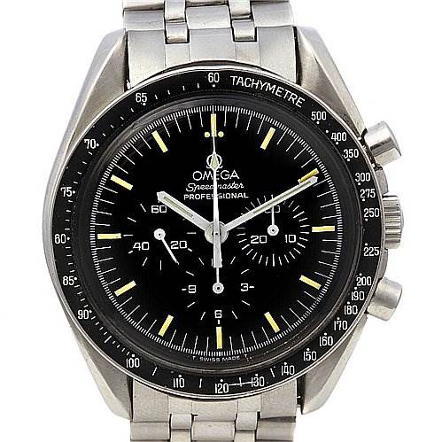 The image shows a front view of an Omega Speedmaster Men
s Stainless Steel Black Dial Men
s Stainless Steel Black Dial Professional watch with a black dial and stainless steel bracelet.