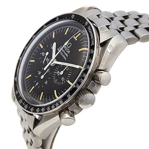 The image shows the Omega Speedmaster Men
s Stainless Steel Black Dial Men
s Stainless Steel Black Dial watch from a side angle, highlighting the crown, pushers, bezel, and part of the bracelet.