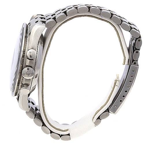 The image shows a side profile view of an Omega Speedmaster Men
s Stainless Steel Black Dial Men
s Stainless Steel Black Dial watch, highlighting the case, pushers, crown, and bracelet.