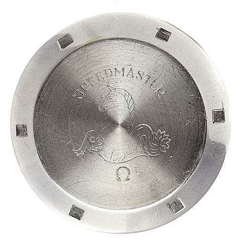 This image shows the back case cover of an Omega Speedmaster Men
s Stainless Steel Black Dial Men
s Stainless Steel Black Dial watch, displaying the model name and brand logo.