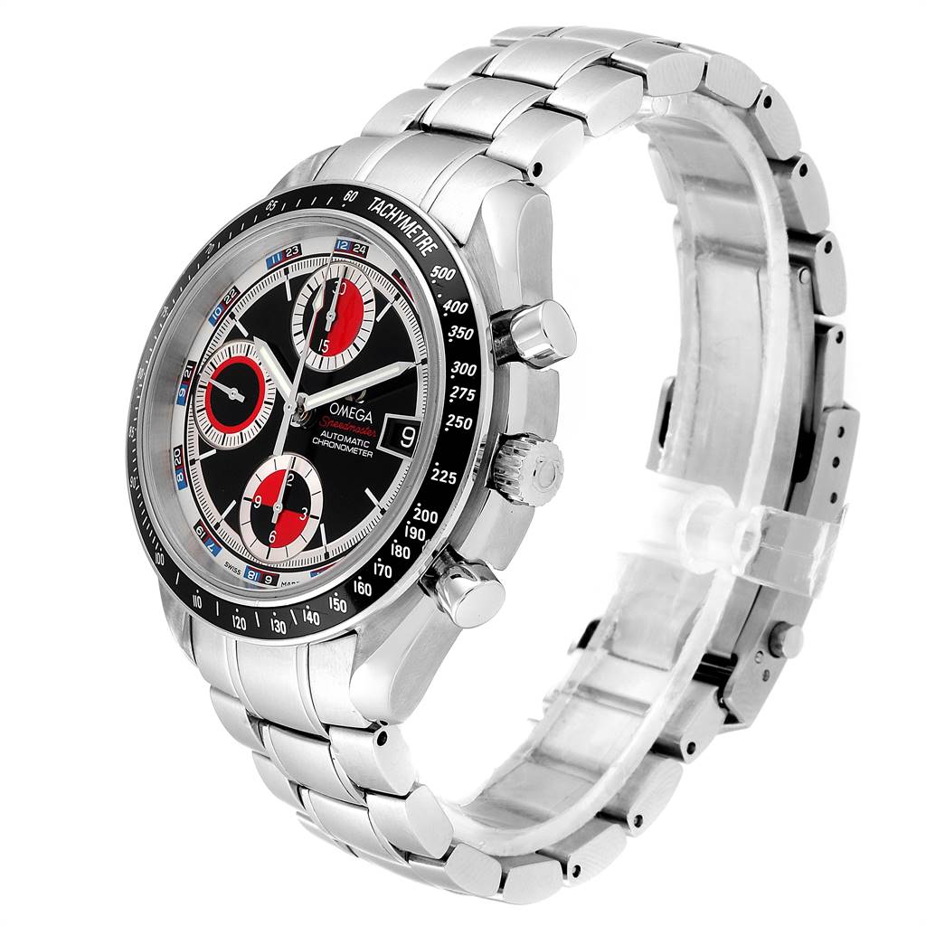 This Omega Speedmaster 3210.52.00 Men
s Stainless Steel Black Dial 3210.52.00 Men
s Stainless Steel Black Dial is shown from a front-side angle, highlighting its face, bezel, crown, pushers, and metal bracelet.