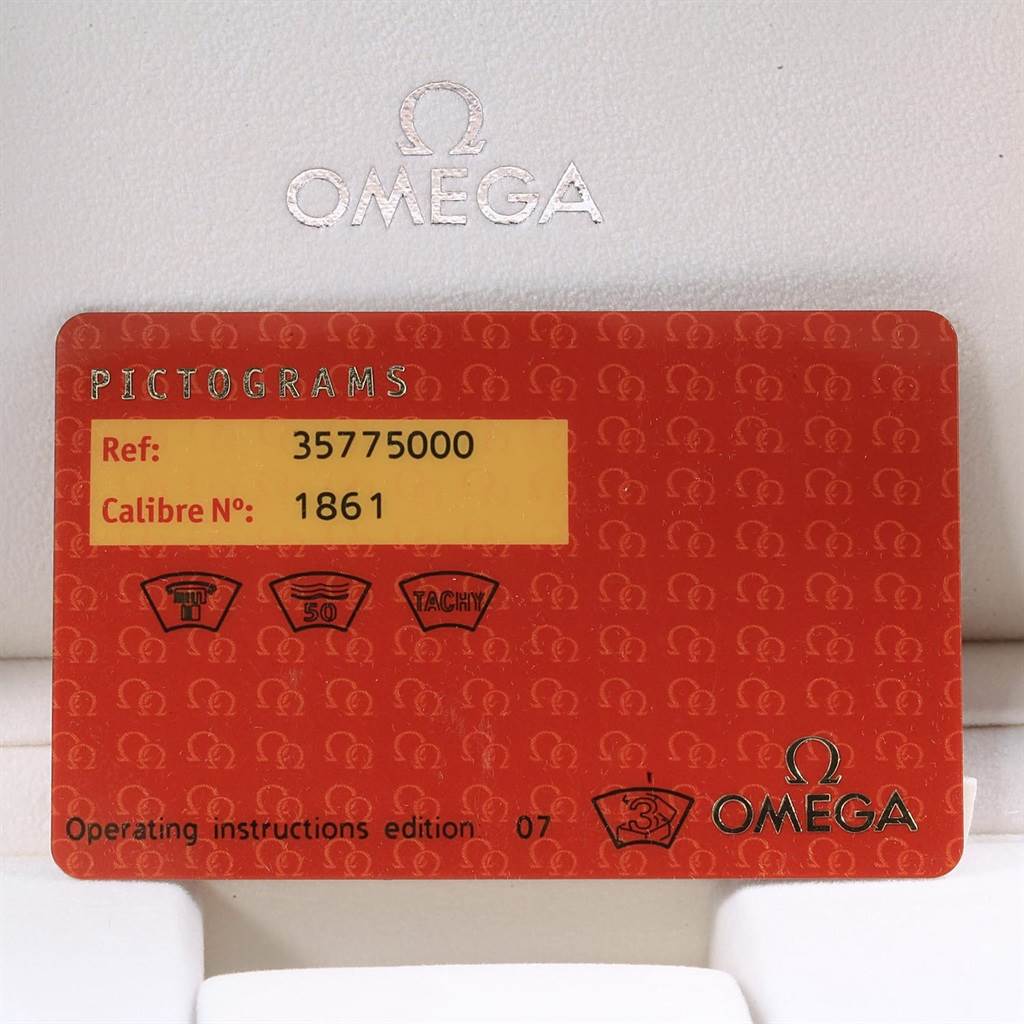 This image shows the warranty card for the Omega Speedmaster 3577.50.00 Men's Stainless Steel Black Dial 3577.50.00 Men's Stainless Steel Black Dial model, displaying reference and calibre numbers.