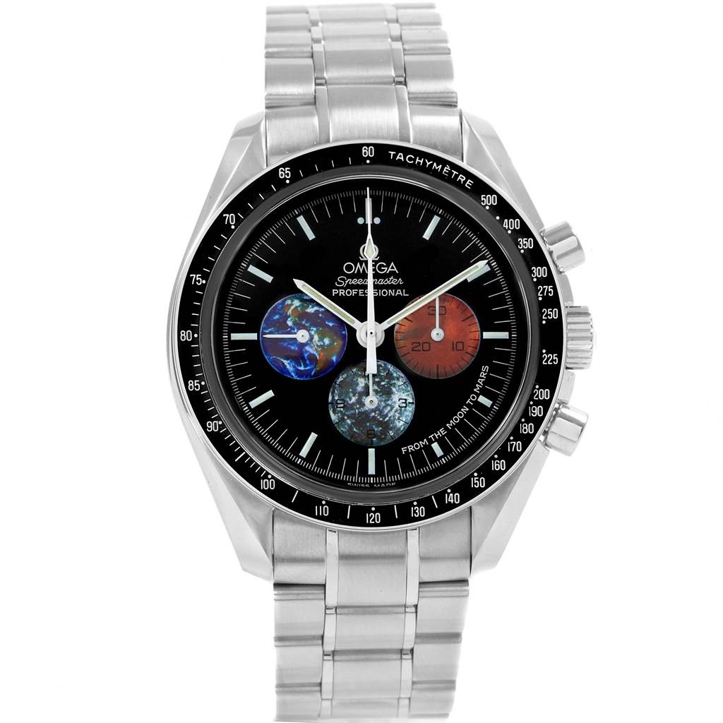 The image shows a frontal view of an Omega Speedmaster 3577.50.00 Men's Stainless Steel Black Dial 3577.50.00 Men's Stainless Steel Black Dial watch, featuring the dial, bezel, case, crown, pushers, and bracelet.