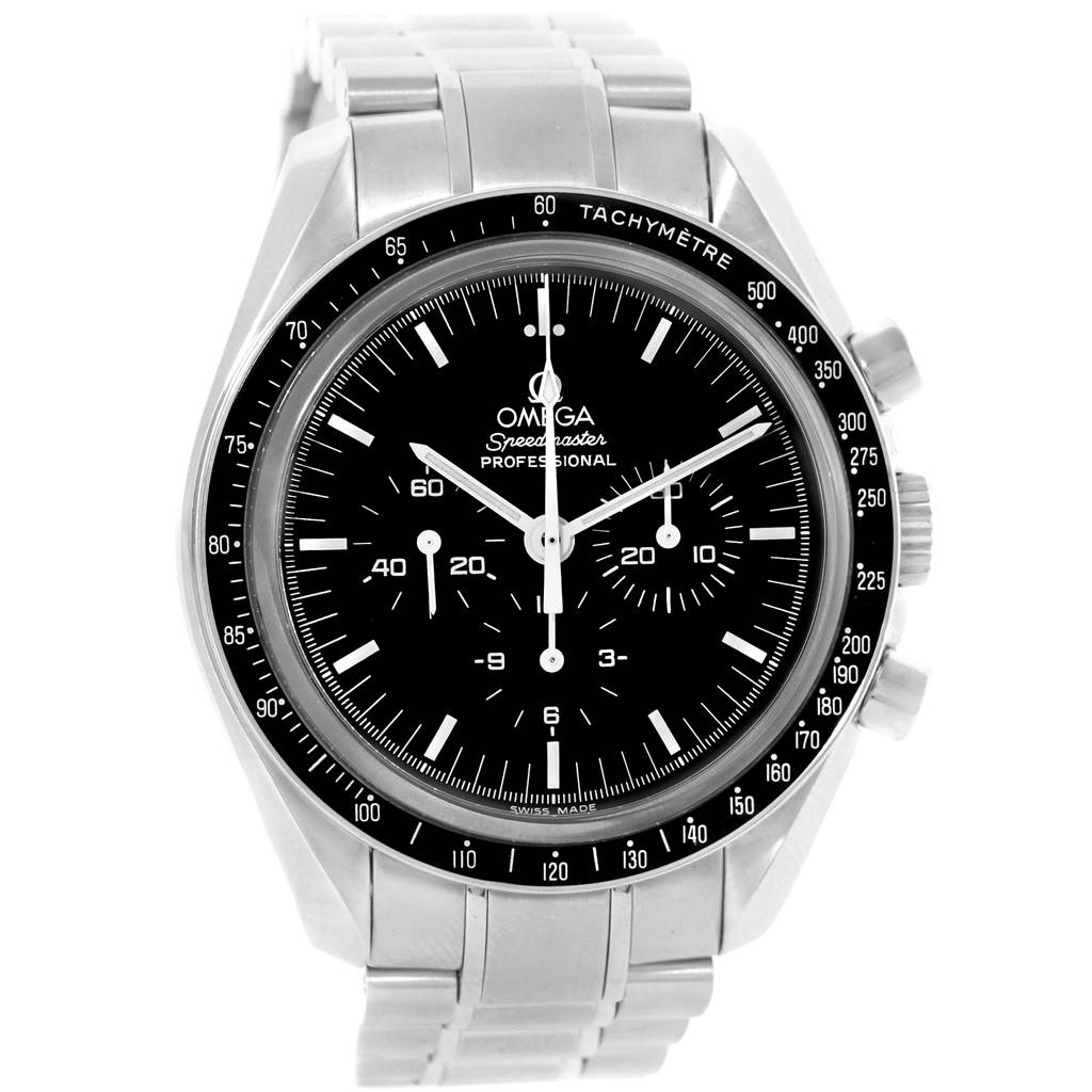 The Omega Speedmaster 3573.50.00 Men
s Stainless Steel Black Dial 3573.50.00 Men
s Stainless Steel Black Dial watch is shown from a front angle, highlighting its black dial, tachymeter, and stainless steel bracelet.