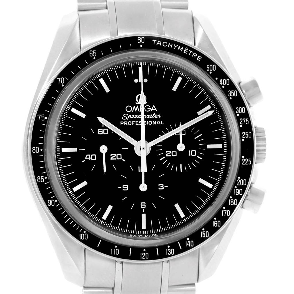 This image shows the front view of an Omega Speedmaster 3573.50.00 Men
s Stainless Steel Black Dial 3573.50.00 Men
s Stainless Steel Black Dial Professional watch, highlighting its dial and tachymeter bezel.