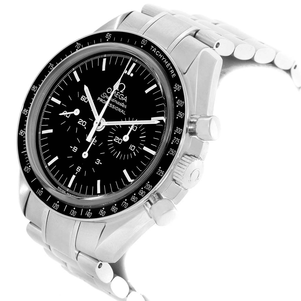 The Omega Speedmaster 3573.50.00 Men
s Stainless Steel Black Dial 3573.50.00 Men
s Stainless Steel Black Dial watch is shown at a three-quarter angle, highlighting the face, bezel, crown, pushers, and part of the bracelet.