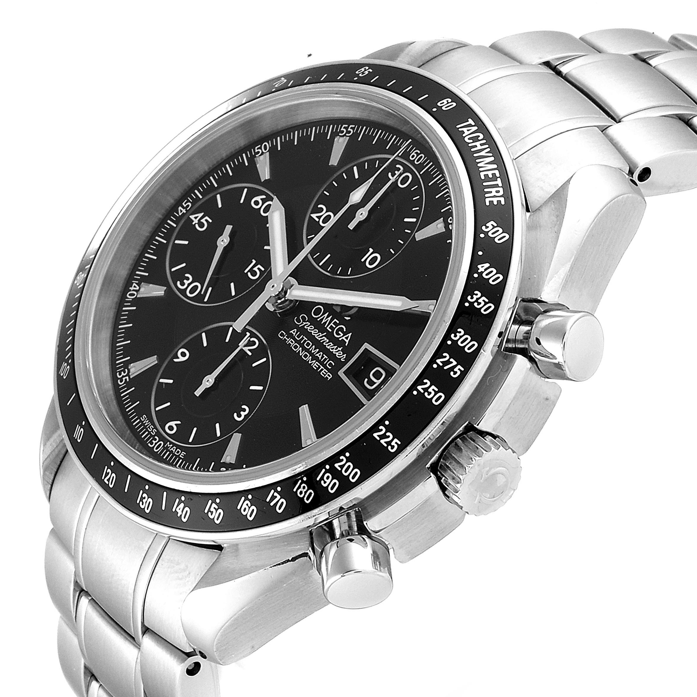 The Omega Speedmaster 3210.50.00 Men
s Stainless Steel Black Dial 3210.50.00 Men
s Stainless Steel Black Dial watch is shown at a slight angle, highlighting the face, bezel, side buttons, and part of the metal bracelet.