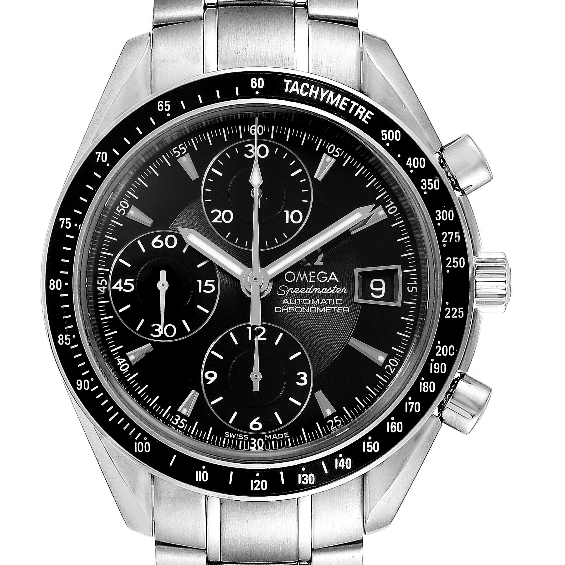 This image shows the front of an Omega Speedmaster 3210.50.00 Men
s Stainless Steel Black Dial 3210.50.00 Men
s Stainless Steel Black Dial watch, featuring its dial, tachymeter, and chronograph subdials.