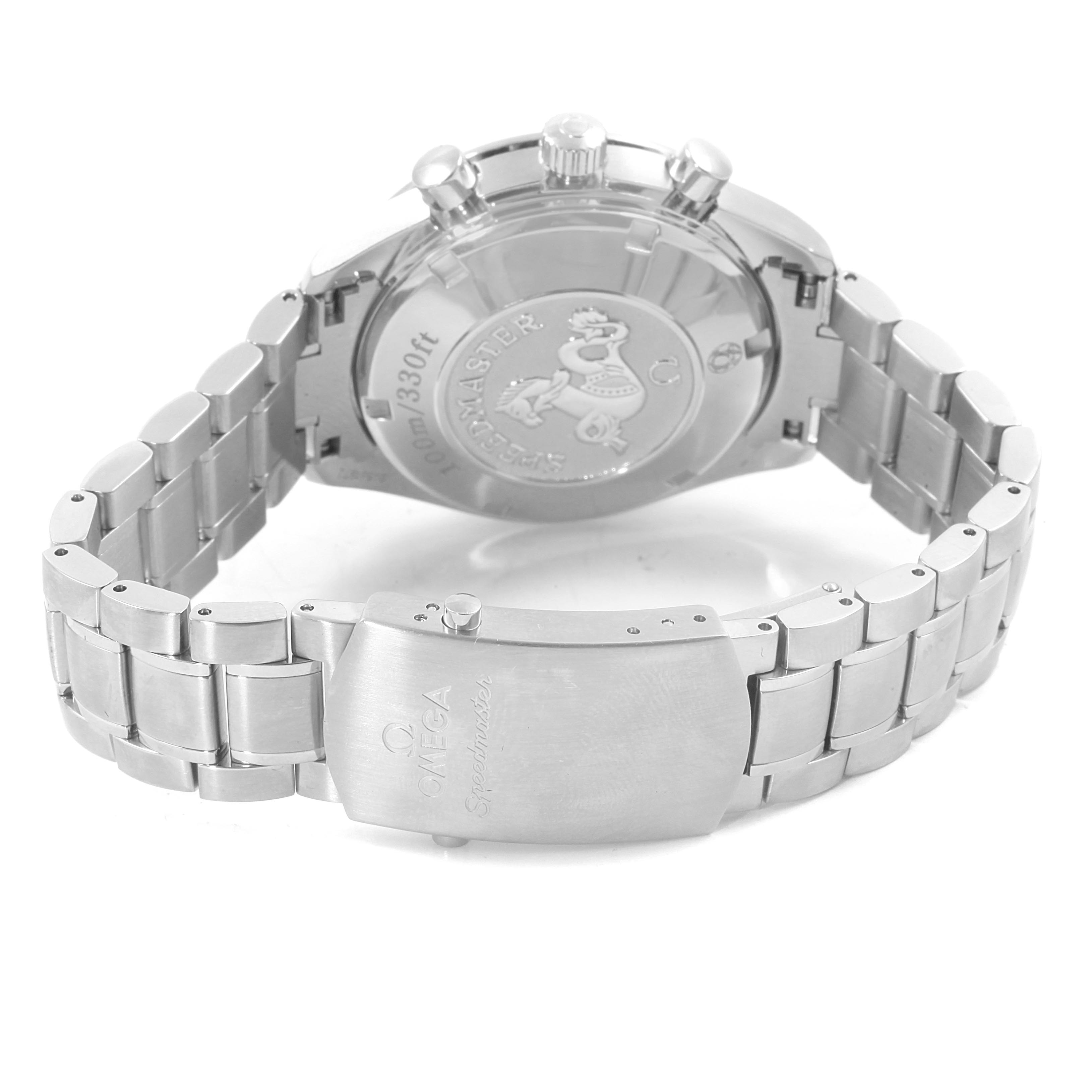 The image shows the back case and metal bracelet of an Omega Speedmaster 3210.50.00 Men
s Stainless Steel Black Dial 3210.50.00 Men
s Stainless Steel Black Dial watch, highlighting the clasp and engraved case back design.