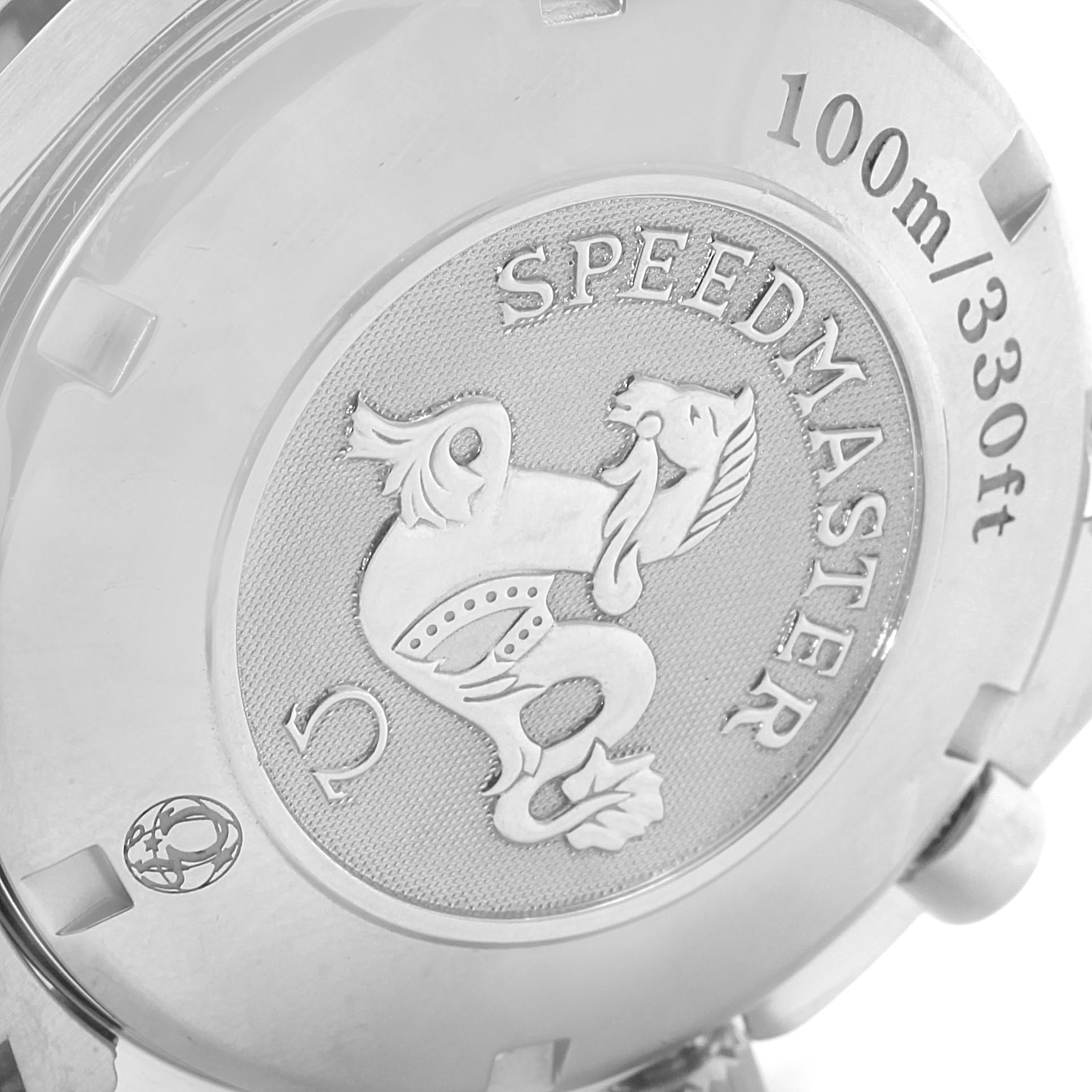 This image shows the back case of an Omega Speedmaster 3210.50.00 Men
s Stainless Steel Black Dial 3210.50.00 Men
s Stainless Steel Black Dial watch, highlighting the embossed logo and water resistance rating.