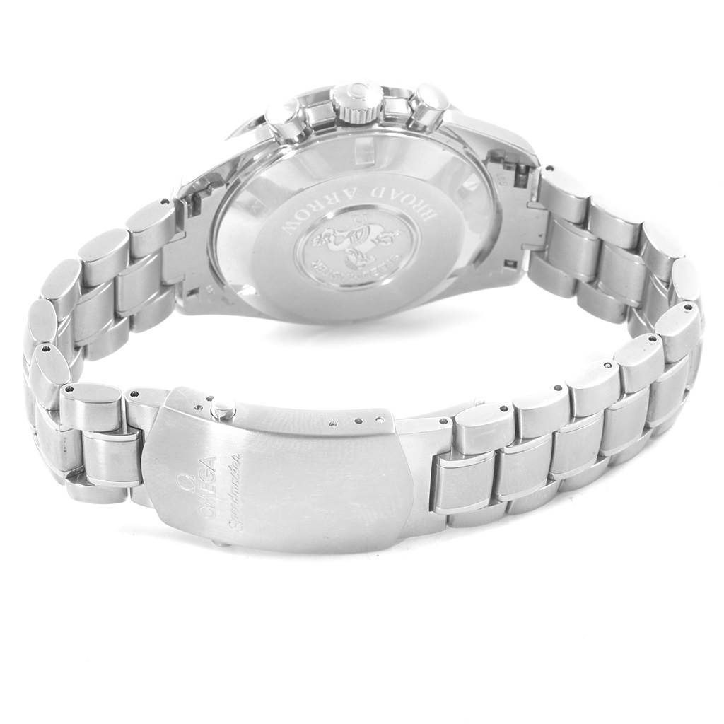 This image shows the back case and bracelet clasp of an Omega Speedmaster 3551.50.00 Men
s Stainless Steel Black Dial 3551.50.00 Men
s Stainless Steel Black Dial watch from a rear angle.