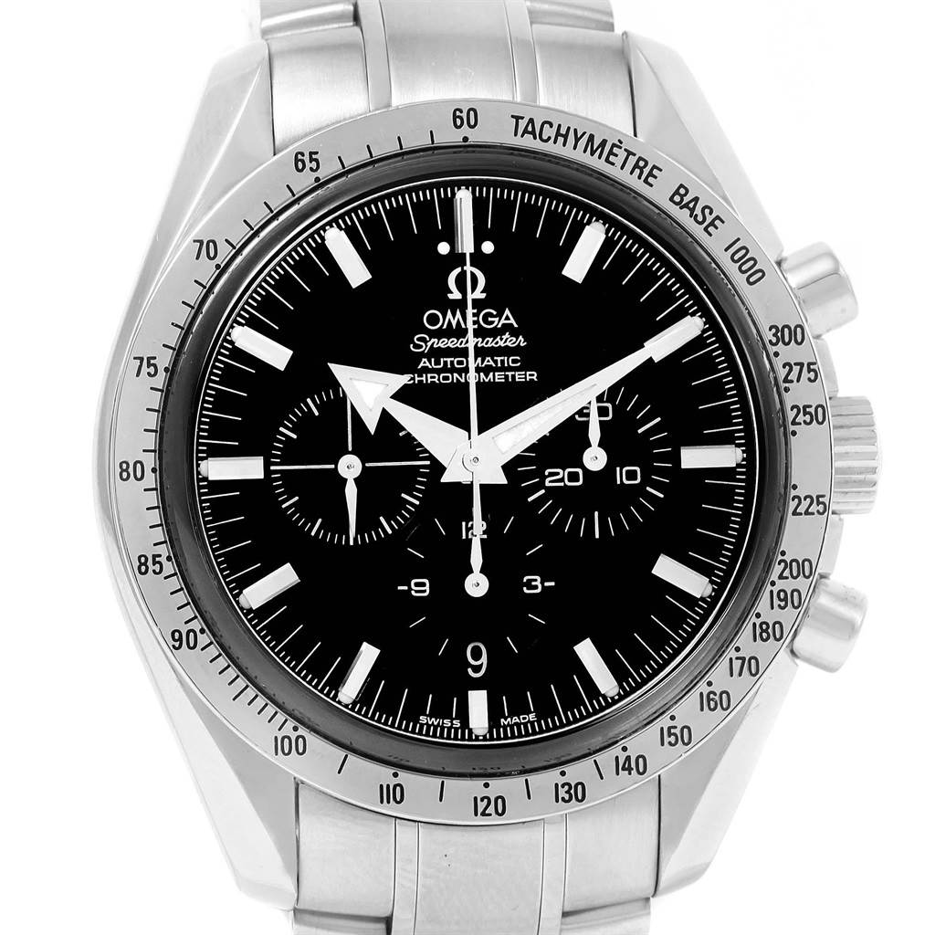The Omega Speedmaster 3551.50.00 Men
s Stainless Steel Black Dial 3551.50.00 Men
s Stainless Steel Black Dial watch is shown from the front, featuring a black dial, stainless steel bracelet, and tachymeter bezel.