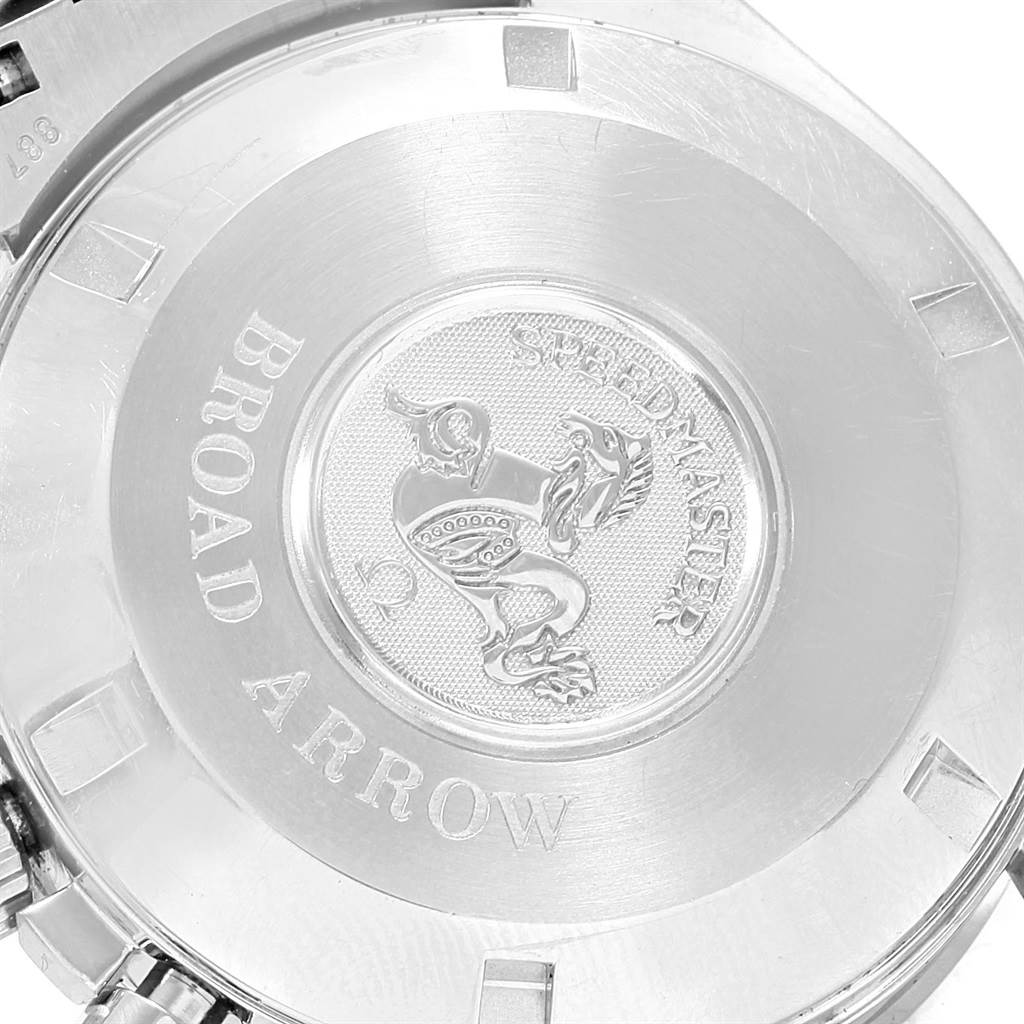 This image shows the case back of an Omega Speedmaster 3551.50.00 Men
s Stainless Steel Black Dial 3551.50.00 Men
s Stainless Steel Black Dial Broad Arrow watch with engraved logo and text.