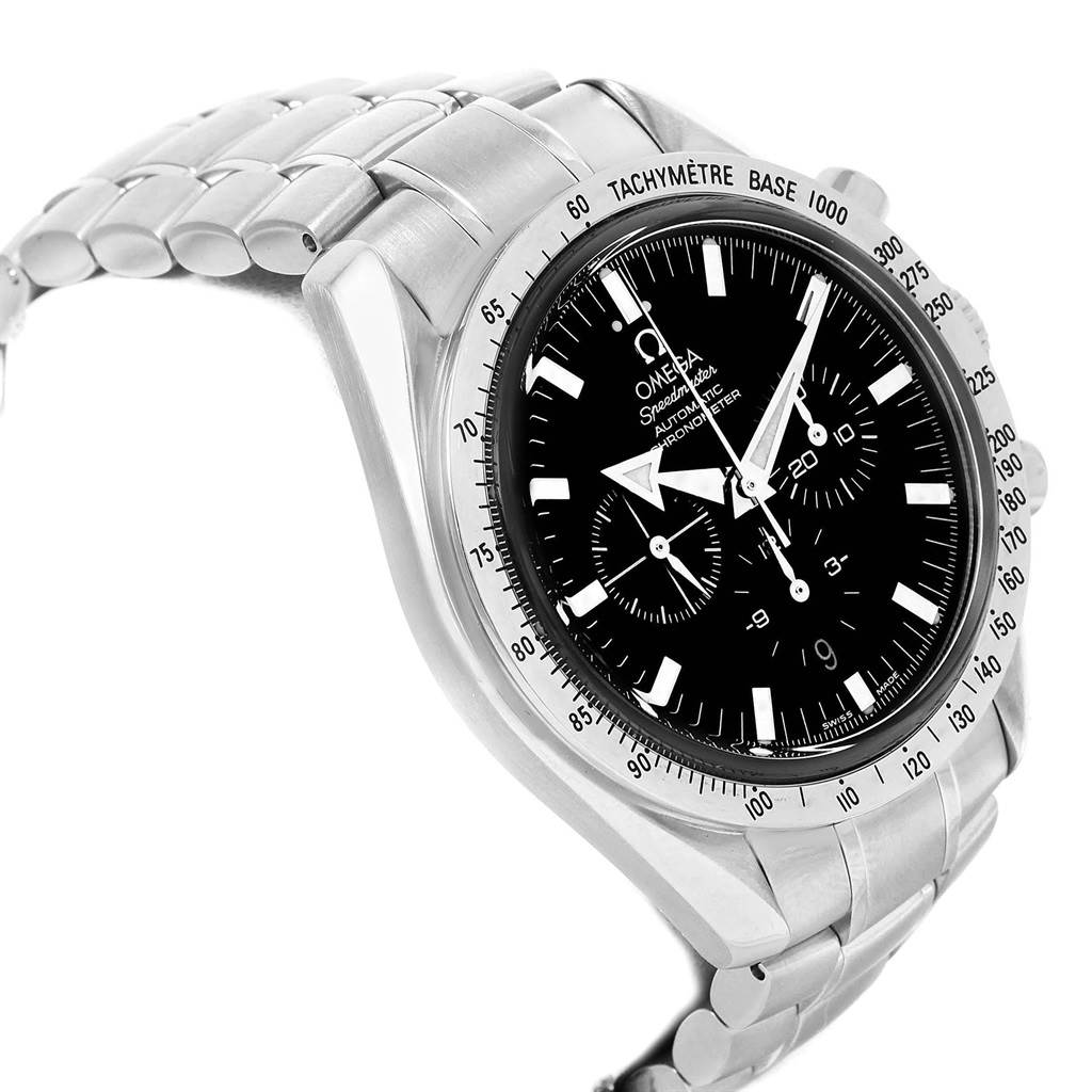 The Omega Speedmaster 3551.50.00 Men
s Stainless Steel Black Dial 3551.50.00 Men
s Stainless Steel Black Dial watch is shown at a side angle, highlighting the bracelet, bezel, and face with a tachymeter scale.