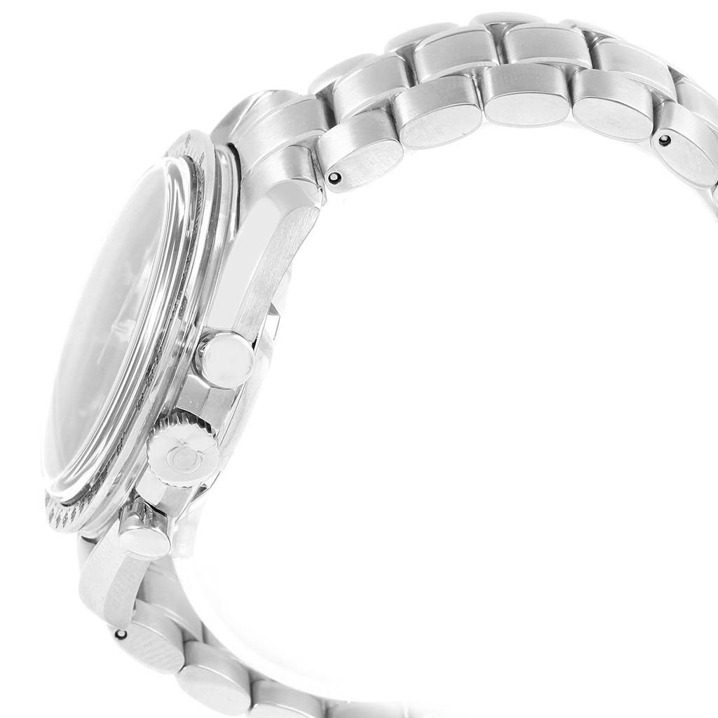 The image shows a side profile of an Omega Speedmaster 3551.50.00 Men
s Stainless Steel Black Dial 3551.50.00 Men
s Stainless Steel Black Dial watch, highlighting its case, crown, pushers, and metal bracelet.