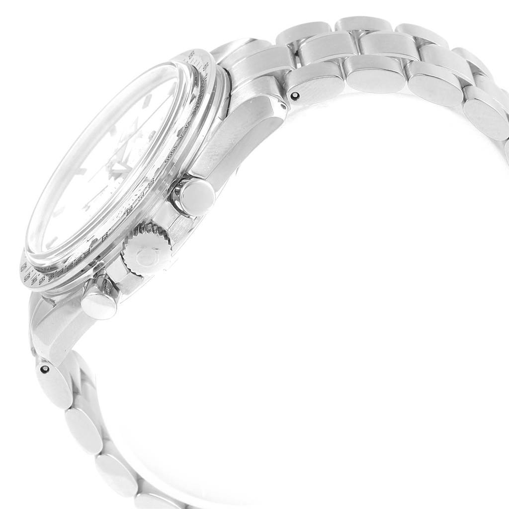 The image shows a side view of the Omega Speedmaster 3575.20.00 Men
s Stainless Steel White Dial 3575.20.00 Men
s Stainless Steel White Dial watch highlighting the crown, pushers, and part of the metal bracelet.