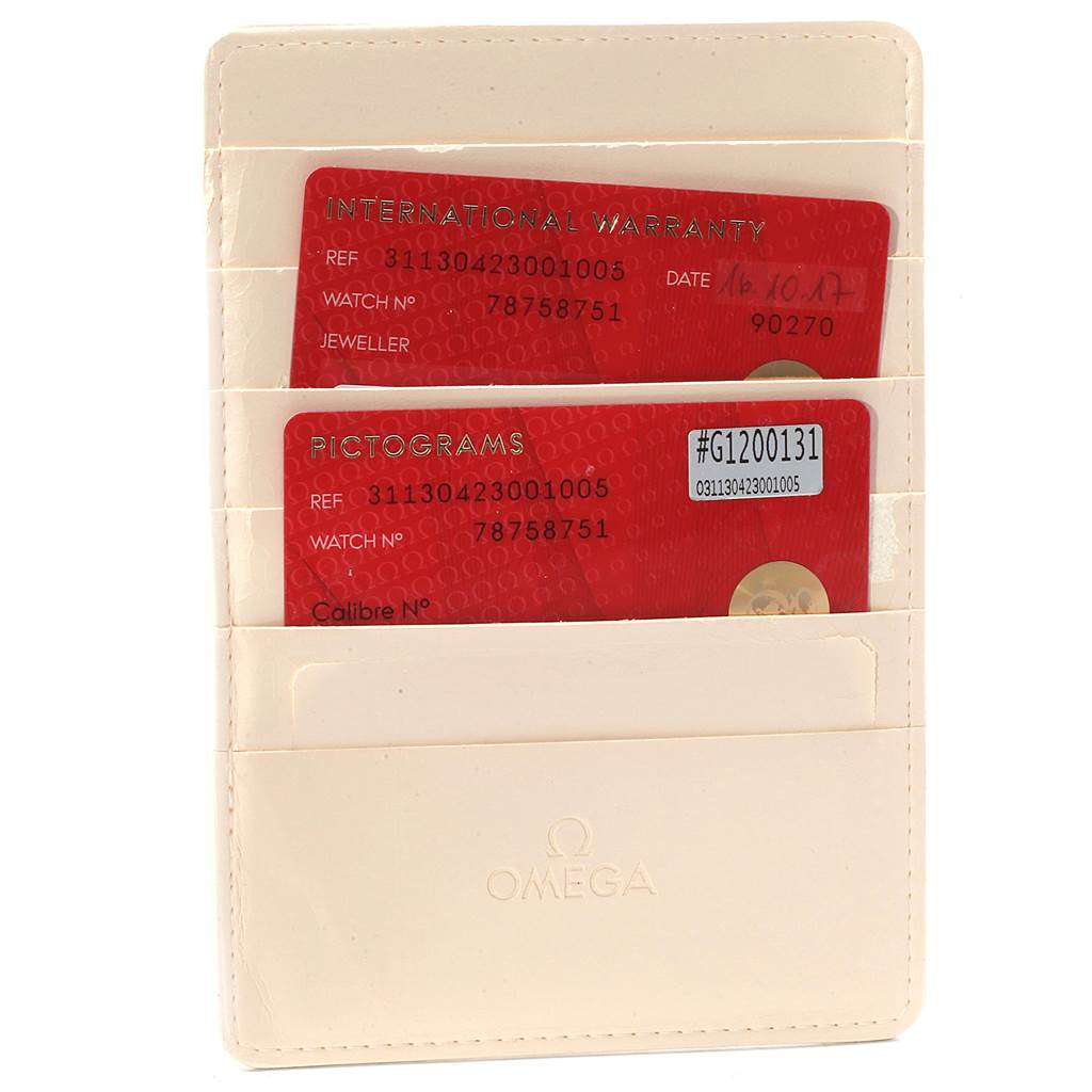 The image shows Omega Speedmaster 311.30.42.30.01.005 Men
s Stainless Steel Black Dial 311.30.42.30.01.005 Men
s Stainless Steel Black Dial model warranty and pictogram cards in a beige Omega cardholder.