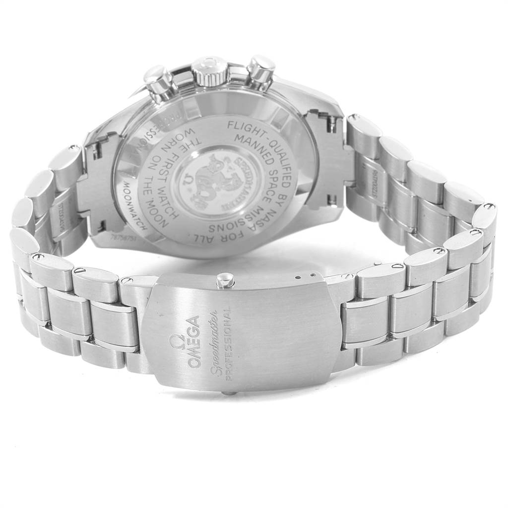 The image shows the Omega Speedmaster 311.30.42.30.01.005 Men
s Stainless Steel Black Dial 311.30.42.30.01.005 Men
s Stainless Steel Black Dial watch from the back, highlighting its stainless steel bracelet and case back.