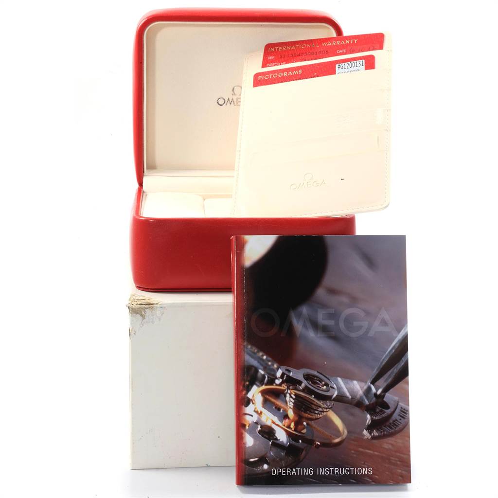 The image shows an Omega Speedmaster 311.30.42.30.01.005 Men
s Stainless Steel Black Dial 311.30.42.30.01.005 Men
s Stainless Steel Black Dial watch box, warranty cards, and an operating instructions booklet.