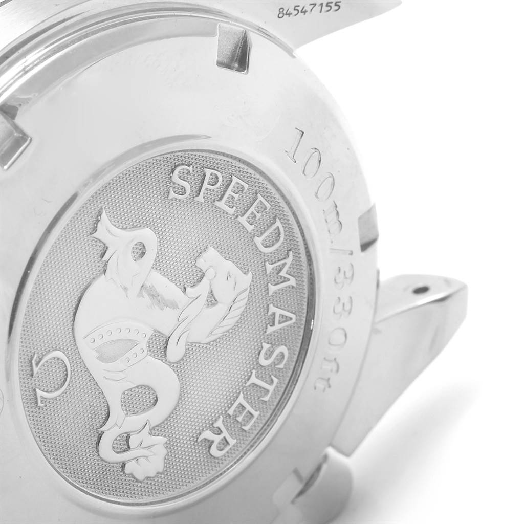 This image shows the back case of an Omega Speedmaster 3211.50.00 Men
s Stainless Steel Black Dial 3211.50.00 Men
s Stainless Steel Black Dial watch at a close-up angle, featuring the "Speedmaster" engraving and logo.