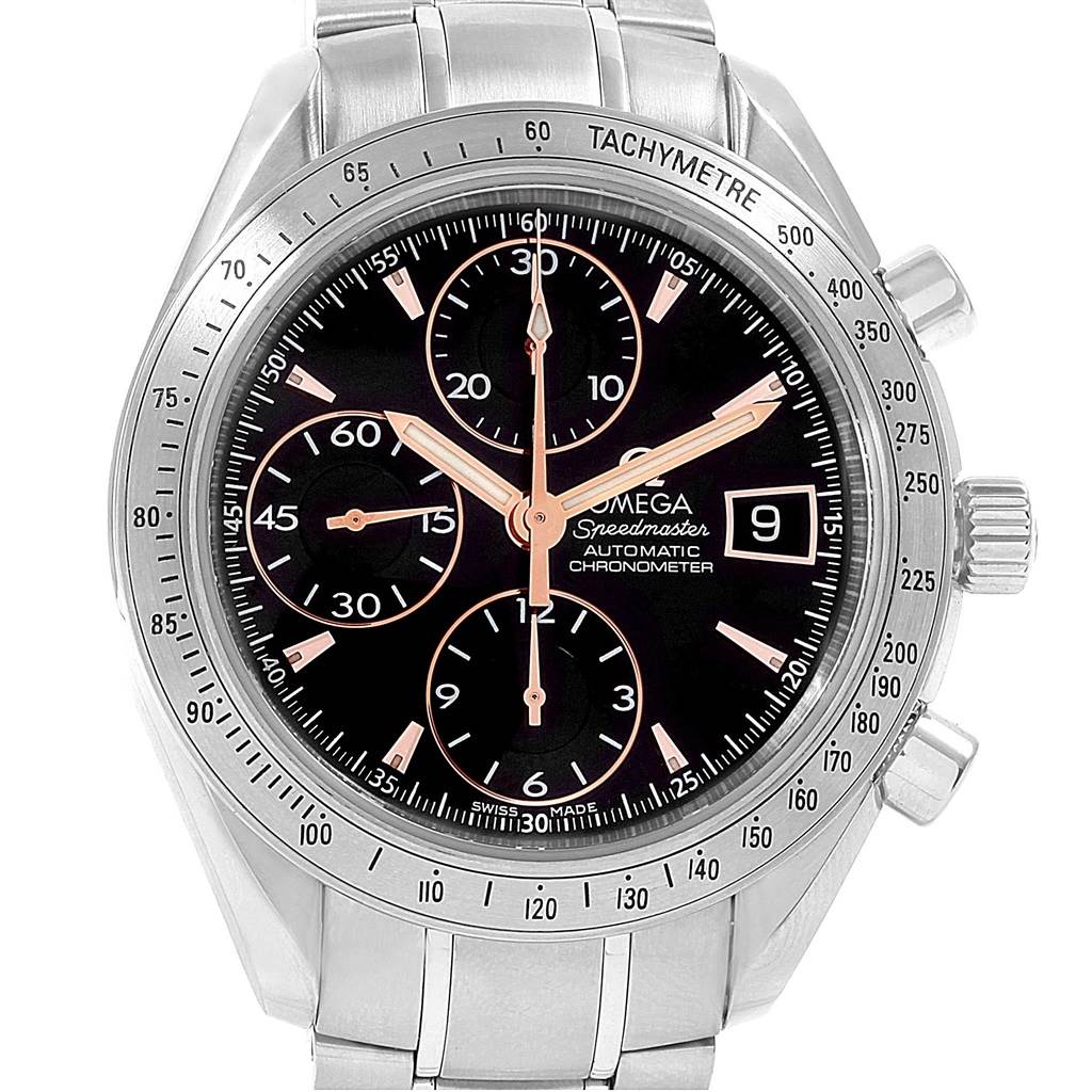 This image shows a frontal view of an Omega Speedmaster 3211.50.00 Men
s Stainless Steel Black Dial 3211.50.00 Men
s Stainless Steel Black Dial watch, displaying its dial, subdials, bezel, and date window.