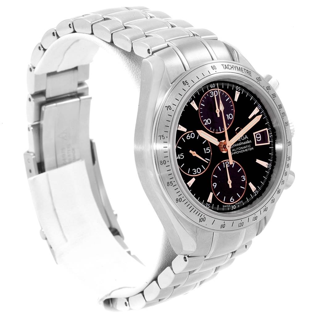 The Omega Speedmaster 3211.50.00 Men
s Stainless Steel Black Dial 3211.50.00 Men
s Stainless Steel Black Dial watch is shown from an angled side view, highlighting the face, bezel, and metal bracelet.