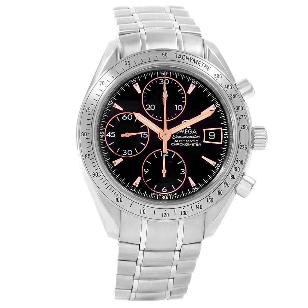 The image shows a frontal view of an Omega Speedmaster 3211.50.00 Men
s Stainless Steel Black Dial 3211.50.00 Men
s Stainless Steel Black Dial watch, highlighting the dial, bezel, chronograph functions, and bracelet.