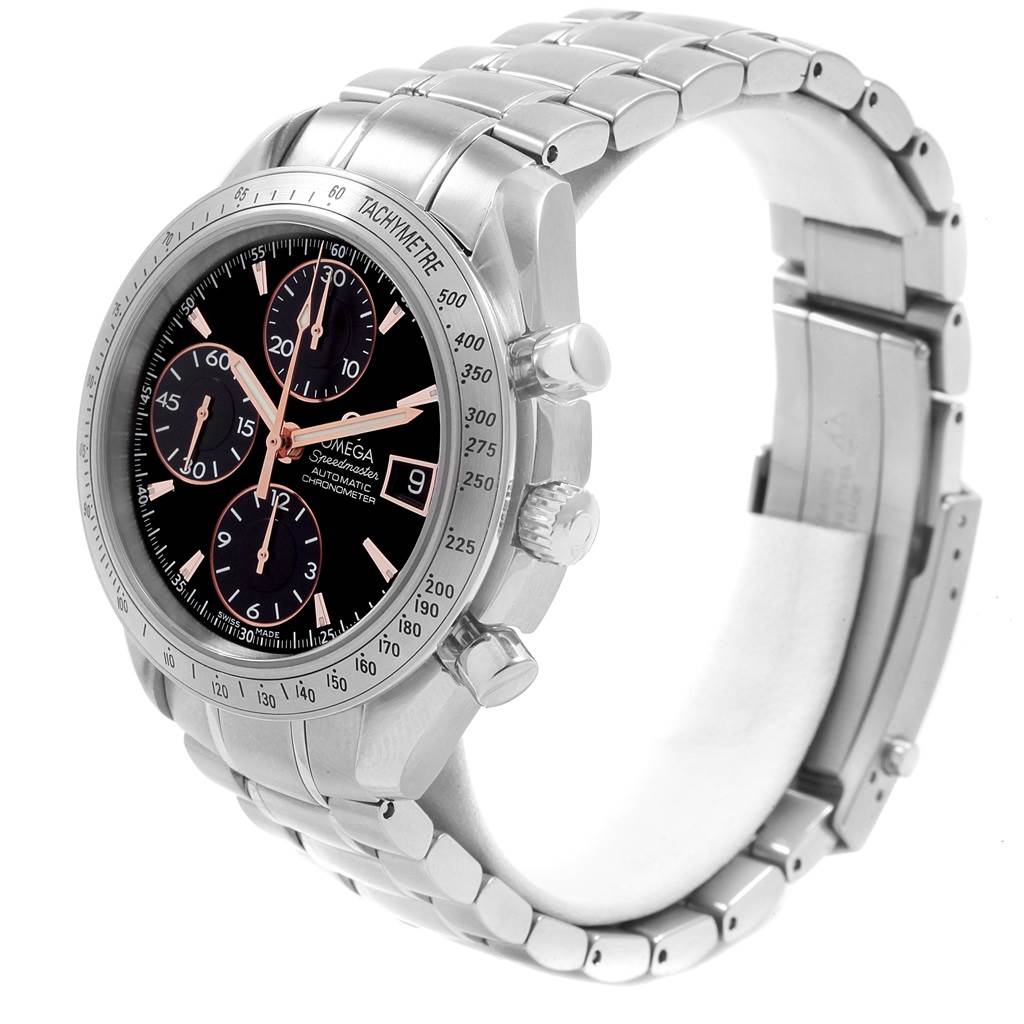 This Omega Speedmaster 3211.50.00 Men
s Stainless Steel Black Dial 3211.50.00 Men
s Stainless Steel Black Dial watch is shown at an angle highlighting its face, bezel, crown, and bracelet.